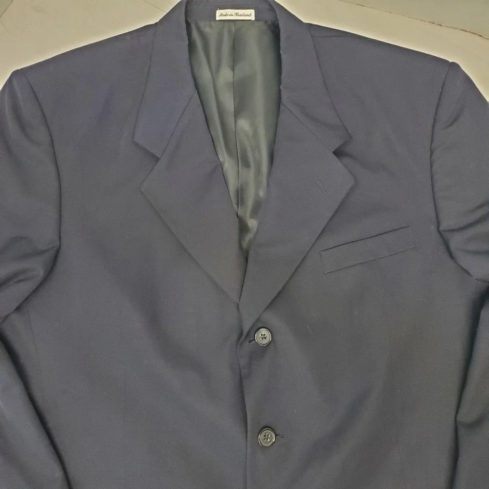 Vntg Trieste Mens Navy Blue Wool Blend Two Button Blazer 44R Old Money 90s Y2K